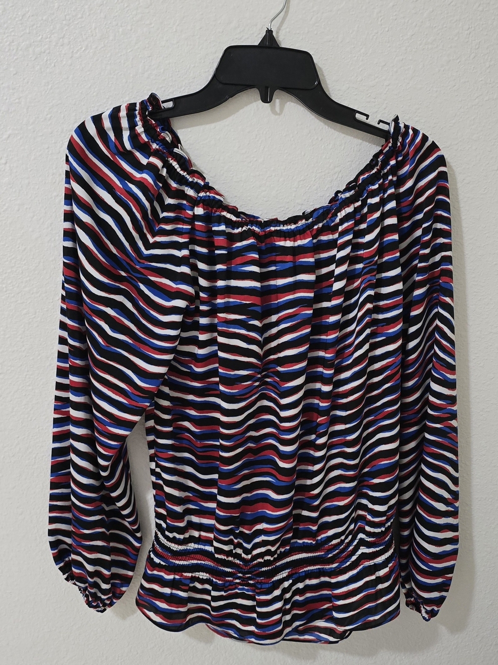 Michael Kors Off-Shoulder Long Sleeve Striped Tunic - Black, White, Blue, Red